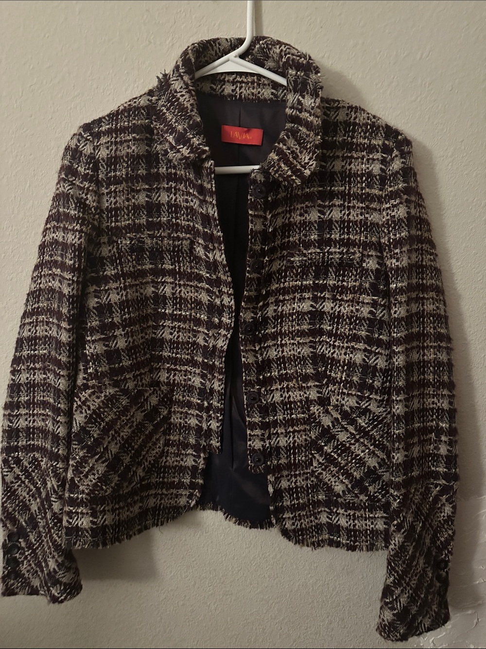 Textured Plaid Tweed Blazer Jacket in Black and Cream